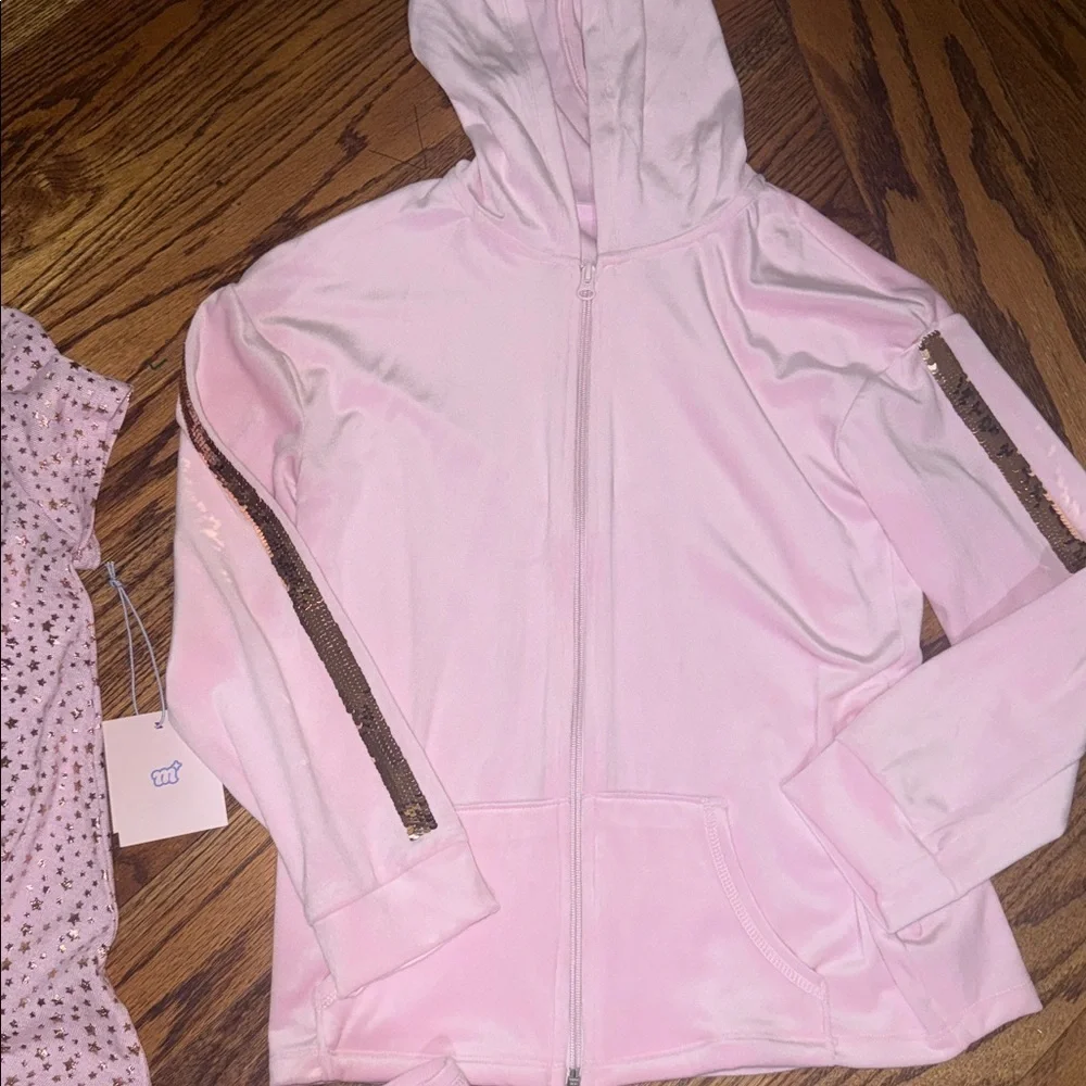 More than magic girls pink velour track suit gold sequin racing stripe & shirt L